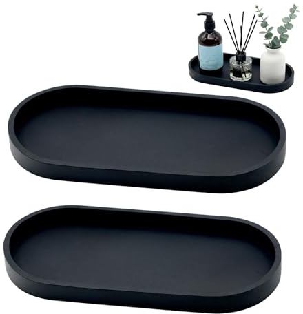 Toilet Tank Oval Storage Tray, 2 Pcs Silicone Bathroom Vanity Tray, Matte Black Round Soap Dispenser Tray for Home Decoration, Easy to clean and reusable (25×11×2cm)