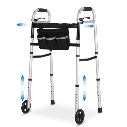 Andador Plegable para Personas Mayores 2 Ruedas, Anchura Altura Regulable | Ligero de Aluminio, Gehgestell con Altura Regulable en 8 Niveles y Anchura Ajustable en 5 Posiciones, Peso Máximo 135 kg