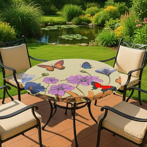 Maximex Spann-Tischdecke rund Ø 70-86 cm, Schmetterlings-Motiv, abwischbare Gartentischdecke mit Gummizug, wetterfest, UV-beständig, für Garten, Balkon und Camping, Kunststoff
