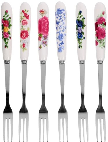 MAGICLULU Fourchettes à Dessert Inox Multifonctions 6 Pièces Manche Céramique, pour Buffet, Cocktail et Fruits Frais Cuisine Portable