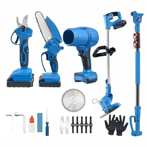 Kit Giardinaggio 5 in 1 con Doppia Batteria da 88V Motosega 6 Pollici Forbici Elettriche Soffiatore Decespugliatore e Asta Telescopica 2 Metri