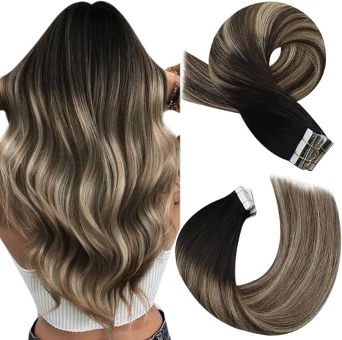 Moresoo Tape in Hair Extensions Human Hair 18 Inch Root Black Ombre Dark Brown with Caramel Blonde Tape in Hair Extensions Real Remy Human Straight Hair 20 Pieces/50g #1B/3/27