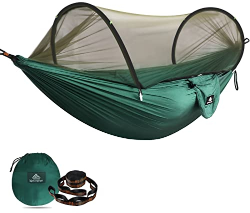 NATUREFUN Ultra-Light Reisecamping Hängematte Moskitonetz Hängematte | 300 kg Tragkraft, atmungsaktiv Schnelltrocknendes Fallschirm-Nylon | 2 Premium Karabiner, 2 Nylonschlingen inklusive Dunkelgrün