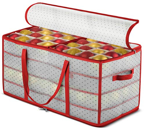 Large Christmas Bauble Storage Box with 2 Sided Dual Zipper Closure - Keeps 128 Xmas Baubles, Christmas Decorations Accessories & Ornaments, Sturdy Plastic Bauble Storage Container with 7.6cm Cubes