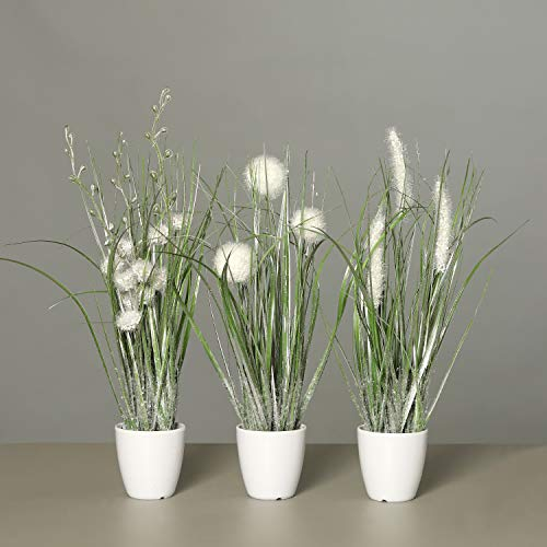mucplants Winterliche Kunstpflanzen, 3er Set glitzerndes Gras im weißen Topf, Höhe 35cm Weiß/Grün, Kunstgras Ziergras Tischdekoration Weihnachtsdekoration