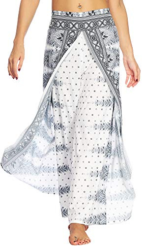 Nuofengkudu Donna Hippie Lunghi Pantaloni con Spacco Gamba Larga Leggero Yoga Pantalone Traspirante Eleganti Pilates Pants Holiday Spiaggia Estivo(Bianco Etnico,L/XL)