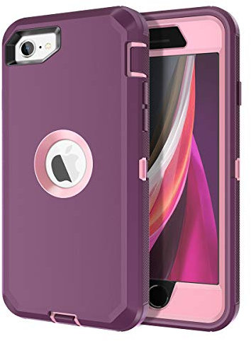 I-HONVA for iPhone SE 2022/2020 Case Built-in Screen Protector Shockproof Dust/Drop Proof 3 in 1 Full Body Rugged Heavy Duty Cover for Apple iPhone SE 3rd/2nd Gen 4.7, Purple/Pink
