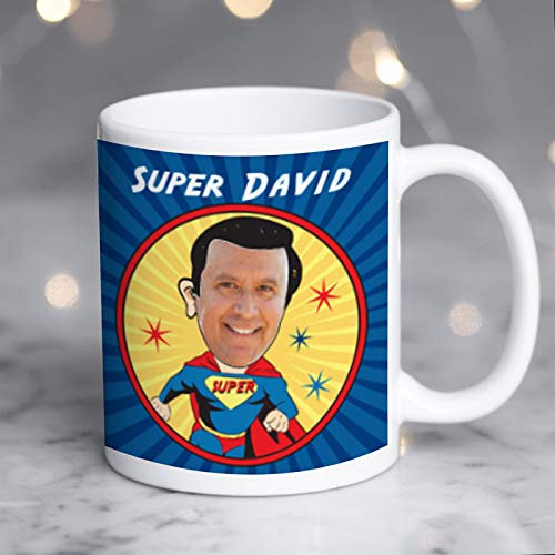 Thoughtful Gifts Personalised Superman Superhero Mug – Add Any Name & Photo – Funny Custom Cartoon Coffee Cup Gift for Him