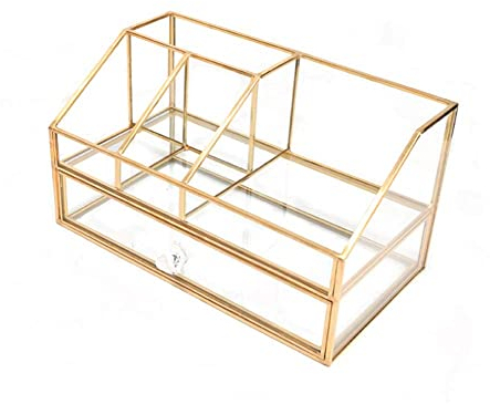 Cosmetics Storage Display Case,Lipstick Organizer,Clear Glass & Brass Metal Cosmetic Organizer,Glass Makeup Organizer for Countertop Bathroom Dresser