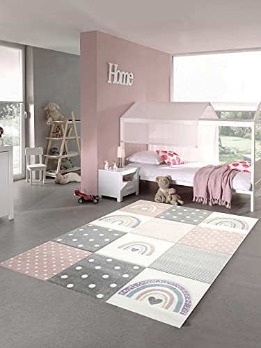Teppich-Traum Kinderzimmer Teppich Spielteppich Regenbogen Punkte Herzchen rosa grau Creme Größe 140x200 cm
