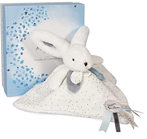 DOUDOU ET COMPAGNIE - Doudou Lapin Plat Pompon Blanc - 25 cm - Collection Happy Glossy - Peluche Douceur Exceptionnelle - Avec Boite Cadeau - Idée Cadeau Naissance - Garantie Doudou Perdu - DC3742