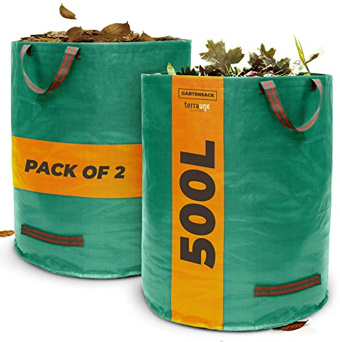 Terrauno Gartensack 500 Liter Fassungsvermögen, 2er Pack, 150g/m² starker Gartenabfallsack mit doppelt verstärktem Boden, Faltbar mit 4 extra starken Griffen, Laubsack für Gartenabfälle