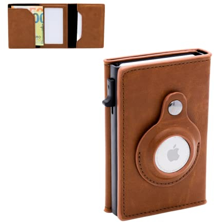 Pop-Up Kartenetui Geldbörse mit AirTag | Portemonnaie mit RFID- und NFC Schutz | SmartWallet für AirTag, Karten und Geldscheine | Anti-Lost Geldbörse (Braun)