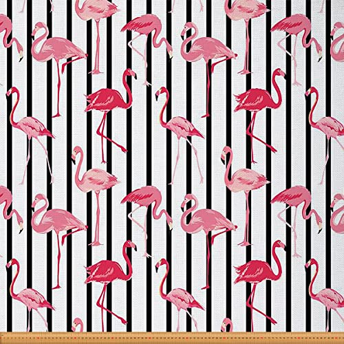 Flamingo Stoff Meterware, Flamingo Vögel Dekostoff, Hawaiianischer, tropischer, wilder Natur Polsterstoff, schwarzer Streifen Stoff für drinnen und draußen, 460 x 150 (HxB), Rosa Schwarz
