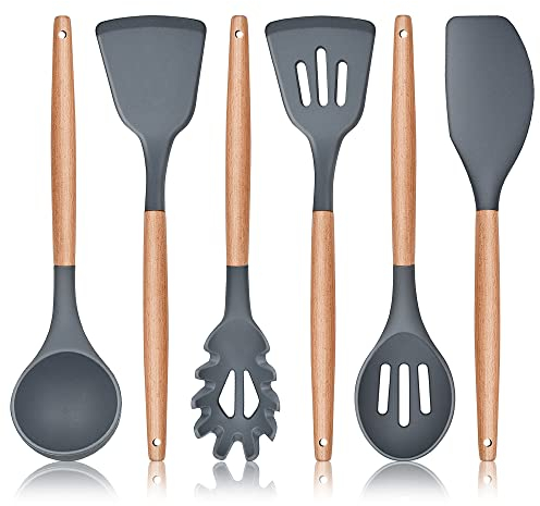 Herogo Kitchen Utensils Set, 6 Piece Silicone Cooking Utensils Set, Non-Stick Spatula Turner Spoon with Wooden Handle, Heat Resistant Kitchen Tools for Nonstick Cookware - Grey