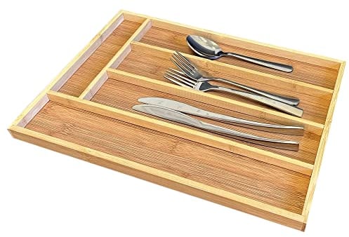 Wooden Bamboo 5 Compartment Table Top Telescopic Cutlery Tray Flatware Utensil Drawer Retractable Tableware Chopsticks Storage Knife Fork Box Drawer Storage Boxes (Bamboo - Fixed Cutlery Tray)