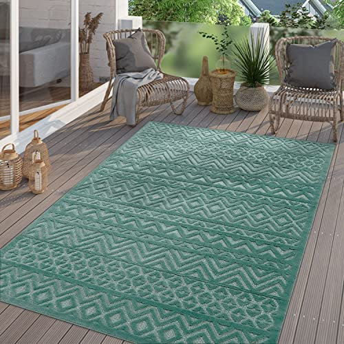 TT Home In-& Outdoor Teppich Wetterfest Balkon Küche Wohnzimmer Boho Skandi Design, Farbe: Türkis, Größe:160 cm Rund