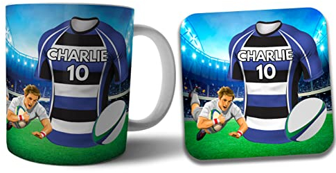 AK Giftshop Personalised Rugby Shirt Bath Colours Mug and Coaster Gift Set
