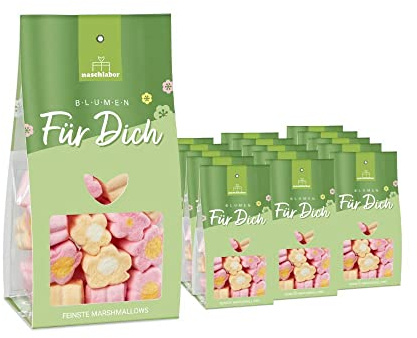 15 Stück Blumen Für Dich Marshmallow Mix - Die bunte Mischung für deinen Frühling | Groß-Verpackung | Blumen-Marshmallows | Luftige Süßigkeiten | Marshmallow Geschenk