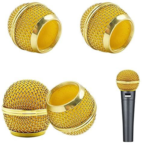 4 Stück Metall-Mikrofon-Mesh-Köpfe, Mikrofon-Metallkopf mit Schwamm, kompatibel mit SM58-Mikrofon (Golden)