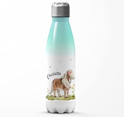 Mikalino Kinder Edelstahl Trinkflasche Pferd - Pony personalisiert mit Wunschname Einschulung Geschenk Geschenkideen Thermosflasche Mädchen Junge, Farbe:aquaweiss, Grösse:500ml