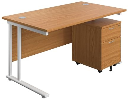 Office Hippo Heavy Duty Rectangular Cantilever Office Desk, Home Office Desk With 2 Drawer Lockable Mobile Pedestal Filing Cabinet, File Cabinet, 5 Yr Wty, White Frame, Grey Oak, 140 x 80 cm