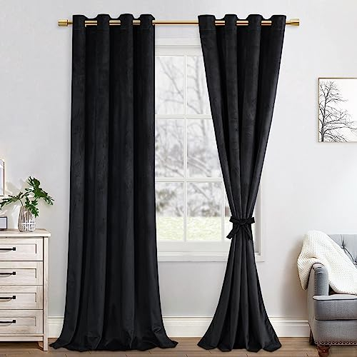 JIUZHEN Verdunklungsvorhang aus Samt,2er Set weiche blickdichte Gardinen mit Ösen für Schlafzimmer,140x245cm (Breite x Höhe),Schwarz