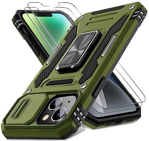 DEERLAMN Case for iPhone 13/iPhone 14 6.1-Inch with Slide Camera Cover+Screen Protector(2 Packs),Rotated Ring Kickstand Military Grade Shockproof Protective Cover-Olive Green