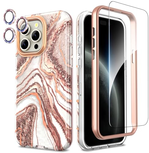 SHEDEER 4-in-1 iPhone 15 Pro Max Hülle mit Schutzfolie + Stoßfänger & Kameraschutz | Militärischer Stoßfest 360°-Schutz, 15 Pro Max Hülle Glänzend Fade-Resistant Muster-Design Handy Case (Roségold)
