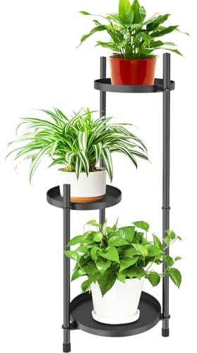KHayRovies Porta piante da interno, 3 livelli supporto per piante in Metallo, Piante Stand Fiore Porta Piante piedistallo, Scaffale per piante porta vasi per balcone angolo esterno giardino (Nero)