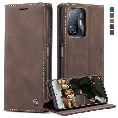 Coque pour Xiaomi 11T 5G, Coque Mi 11T Pro 5G,Etui Protection Housse Premium en Cuir PU,Etui à Rabat Pochette de Portefeuille Étui pour Xiaomi 11T Pro / 11T 5G - Café