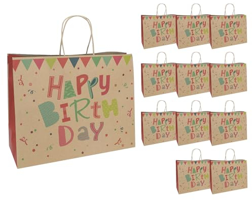 Idena 30395-12 - Geschenktüten Happy Birthday, 12 Stück, Geschenktaschen in der Größe 33 x 12 x 26 cm, Papiertüten zum Geburtstag