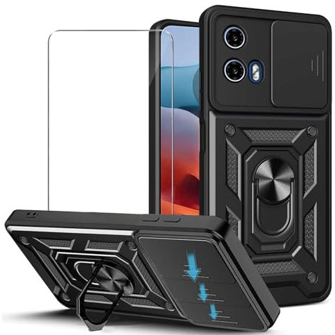 JDXHFF Funda Compatible con Motorola Moto G34 5G (6.5) con 1 x Vidrio Templado Protector de Pantalla - PC Dura y Suave TPU Carcasa Silicone con Giratorio de 360° Soporte Cubierta Case Negro