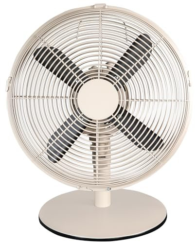 Russell Hobbs 12” Metal Desk Fan in Greige (Grey/Beige), 3 Speed Settings, Lightweight and Compact, Tilt and Oscillating Features, 4 Curved Blades, Up to 2 Years Guarentee, RHMDF1201GR