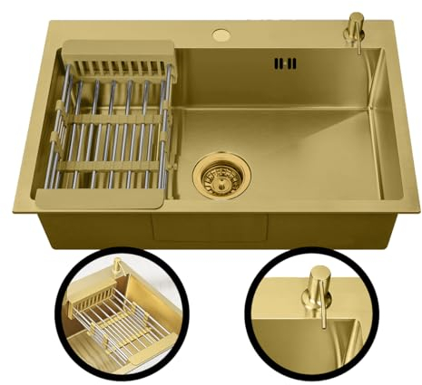 INGUZ | Fregadero Cocina 1 Seno | 60x45cm | Fregadero Acero Inoxidable Con Dispensador de Jabón, Sifón y Rebosadero | Para Encimera o Empotrado | Fregaderos Modernos Para Cocina | Oro