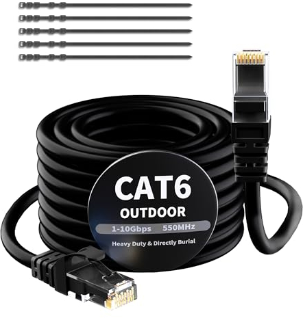 Mygatti 15 Metri CAT6 Cavo Ethernet per Esterno/Interno-Nero,cavo di rete Internet Gigabit,resistente,impermeabile,posa diretta,per fotocamera POE,cat 6 cavo patch LAN RJ45+25 fascette