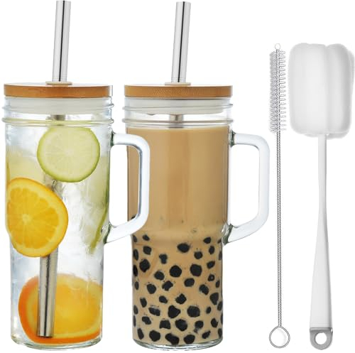 ALINK 2pcs 710ML Becher mit Griff, Deckel und Strohhalm - wiederverwendbare Mason Jar Trinkgläser für Eiskaffee, Smoothies, Bier, Saft und Tee - Weißer Deckel
