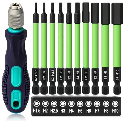Hakkin 11 Stück 89mm Hex Schlagschrauber Bits Set Lang Sechskant Schraubendreher S2 1/4 Impaktor Bitsatz für Akkuschrauber H1,5/2/2,5/3/4/5/6/7/8/10 Hexagon Innensechskant Schraubenzieher mit Griff