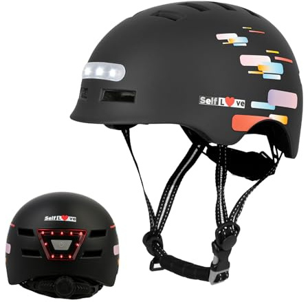 Fahrradhelm mit Integriertem LED-Scheinwerfer und Rücklicht Leichter Fahrradhelm für Erwachsene Männer und Frauen (Schwarz-Neu, Groß(58cm-61cm))