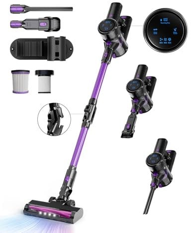 Cyansharp Aspirapolvere Senza Fili, 28KPA Aspirapolvere Potente, 6-in-1 Scopa Elettrica Senza Fili, LED Display, Batteria Rimovibile, 40 Min, per Pavimenti/Tappeti/Peli Animali (Viola)