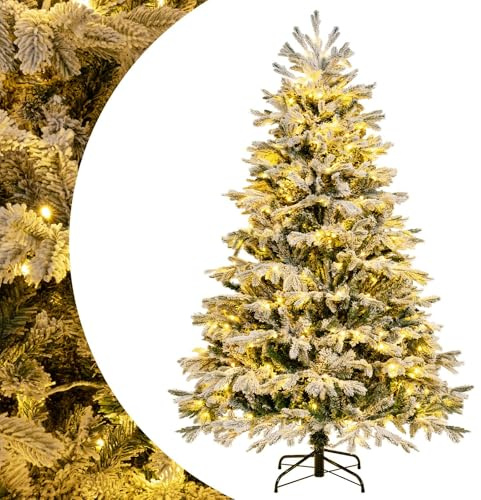 SPOTRAVEL 6 FT Pre-lit Christmas Tree, Snow-flocked Lighted Xmas Tree | with 350 Warm White LED Lights and 1022 Branch Tips, Seasonal Holiday Tree Decoration for Home Office Party