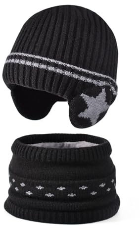 DKDDSSS Jungen Mütze Loop Schal Set, Mütze Jungen Winter, Jungen Wintermütze mit Ohrenschützer und Loop Schal Warme Fleecefutter, 3-8 Jahre