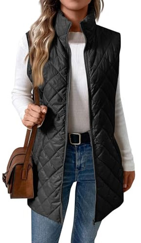 ZRYAZQ Damen Steppweste Lang Leicht mit Reissverschluss Weste Damen Elegant Ärmellos Puffer Weste Stehkragen Steppweste Mittellang Einfarbig Westen Übergang Daunenwesten Frauen Winter mit Taschen