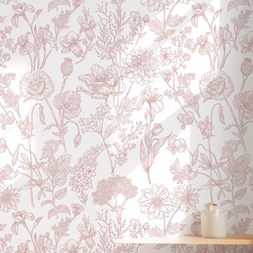 Toduso Peel and Stick Wallpaper Floral Wall Paper Pink and White Contact Paper Waterproof Removable Self Adhesive Flowers Wallpaper for Bedroom Bathroom Decorative Cabinets Vinyl 17.3x196.8