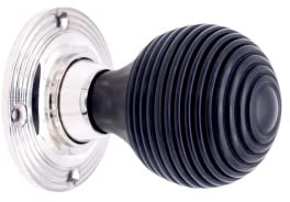 Solid Brass Rose Plate with Pure Ebony Wood Door Knobs Wooden Beehive Design Victorian Mortice Rim Knob in Polished Nickel Finish