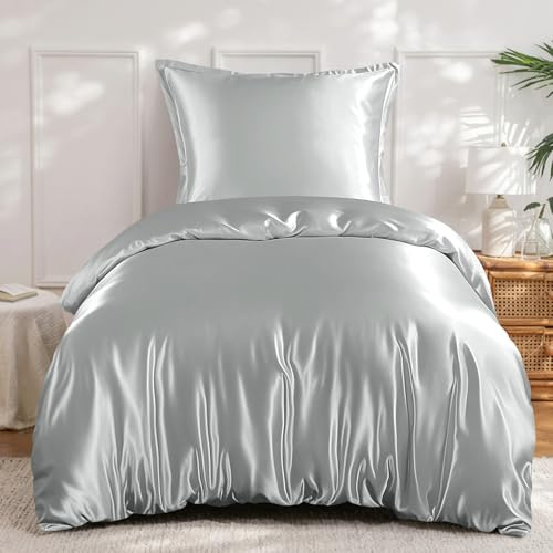 RUIKASI Satin Bettwäsche 140x200 Grau - Luxus Bettbezug mit Glanz wie Seiden Bettwäsche Set Hellgrau für Haar und Haut, Glänzend Bettwäsche 140x200cm mit Reißverschluss und Kissenbezug 80x80cm
