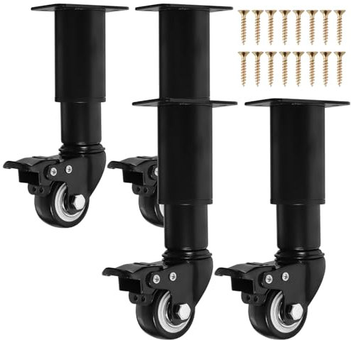 4 Pièces Pied de Meuble Reglable, avec Roulettes, Rotatifs 360 Degrés Pieds de Meuble, Pieds de Meuble Hauteur Réglable de 14,5-16 cm, aux Tables de Chevet, Armoires à Chaussures, Tables Basses (noir)