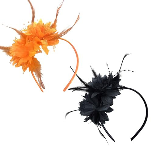 SAIIURV 2 Pièces Bandeau Plumes de Fleur Artificielle, Années 1920 Fascinateur Plumes pour Femmes, Cheveux Accessoires, Vintage Serre Tete Plumes, Cocktail Tea Party Chapeau pour Fille (Orange, Noir)