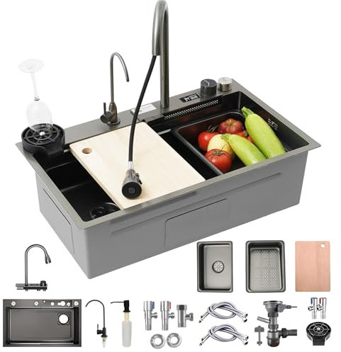 68x45cm fregadero negro con cascada, Fregadero sobre encimera al mueble, Fregadero de Acero Inoxidable Con Nanorrevestimiento Y Grifo Extraíble, Incluye Lavavasos, De Accesorios