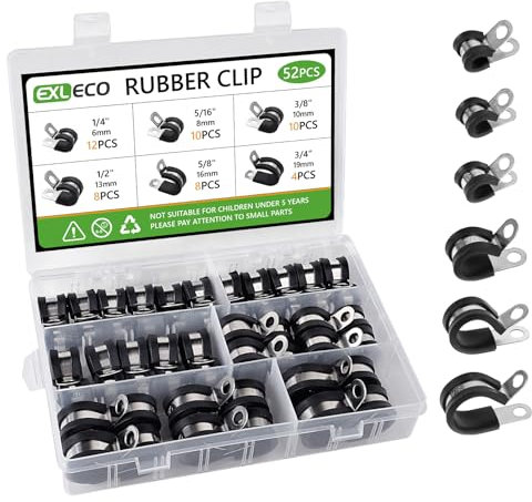 EXLECO 52 pcs Kabelschellen zum Schrauben Kabelklemmen Edelstahl Kit Gummi P Clips Rohrschellen mit Gummieinlage Schellen mit Gummi Leitungsschelle für Rohr Leitung Draht 6mm 8mm 10mm 13mm 16mm 19mm